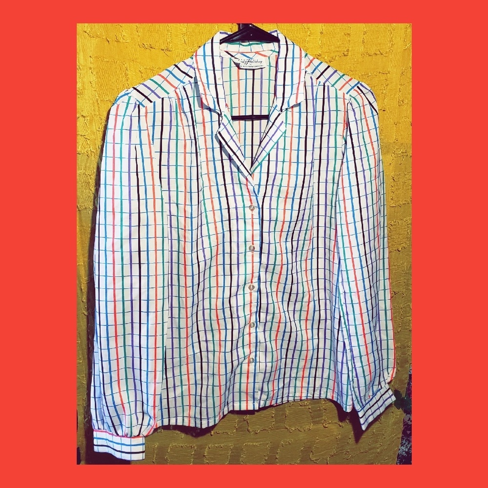 White Vintage colorful striped Button Up